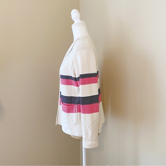 Talbots Stripe V Neck Ivory Pink and Black Jacket Cardigan - Large Petite - Picture 2 of 11